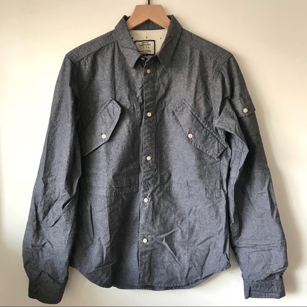 Indigo gray military pockets long sleeve shirt